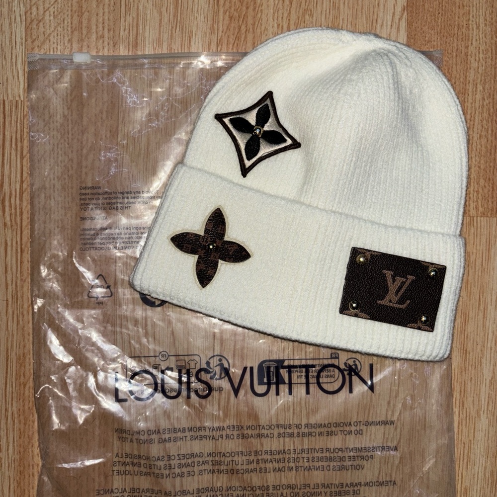 Louis Vuitton White Beanie with Brown Logos